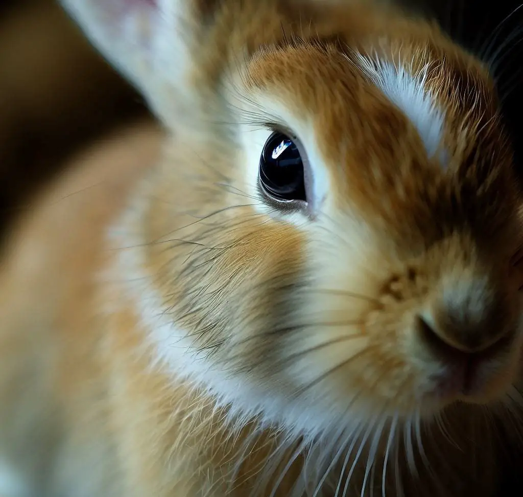 A close-up of a cute brown rabbit's face. The rabbit has big, brown eyes, and its nose is pink. The rabbit is looking at the camera with a curious expression