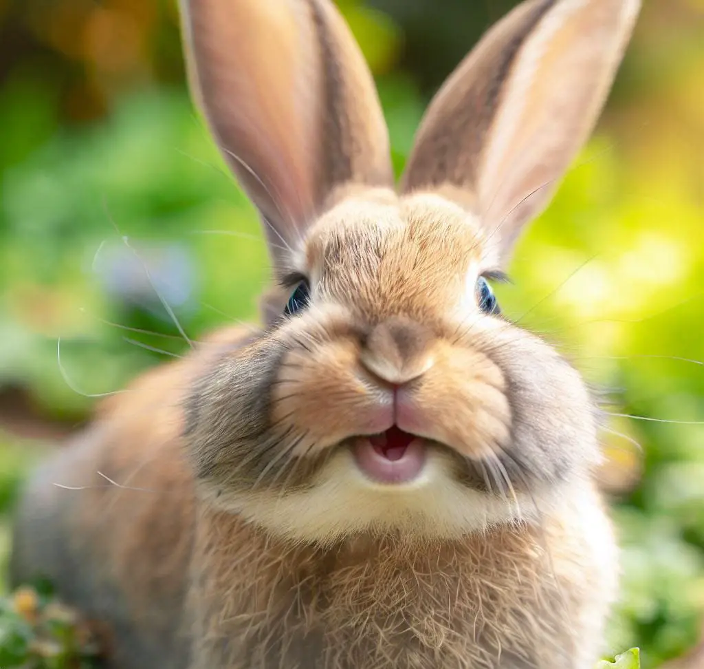 A happy rabbit sitting in a lush green field