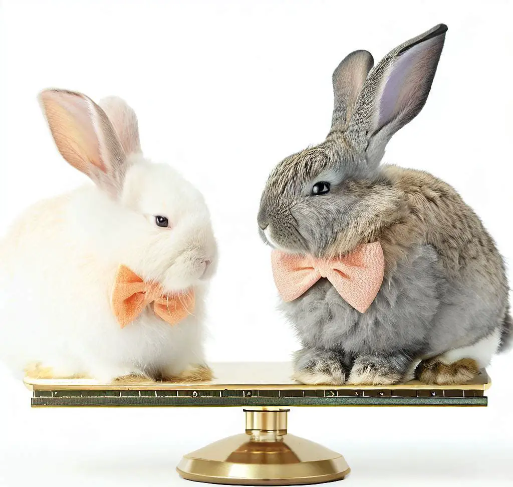 A photo of a male and female rabbit, illustrating the differences between their sexes. The male rabbit has a larger body and longer ears than the female rabbit. He also has a scent gland on his chin, which is not present in the female rabbit