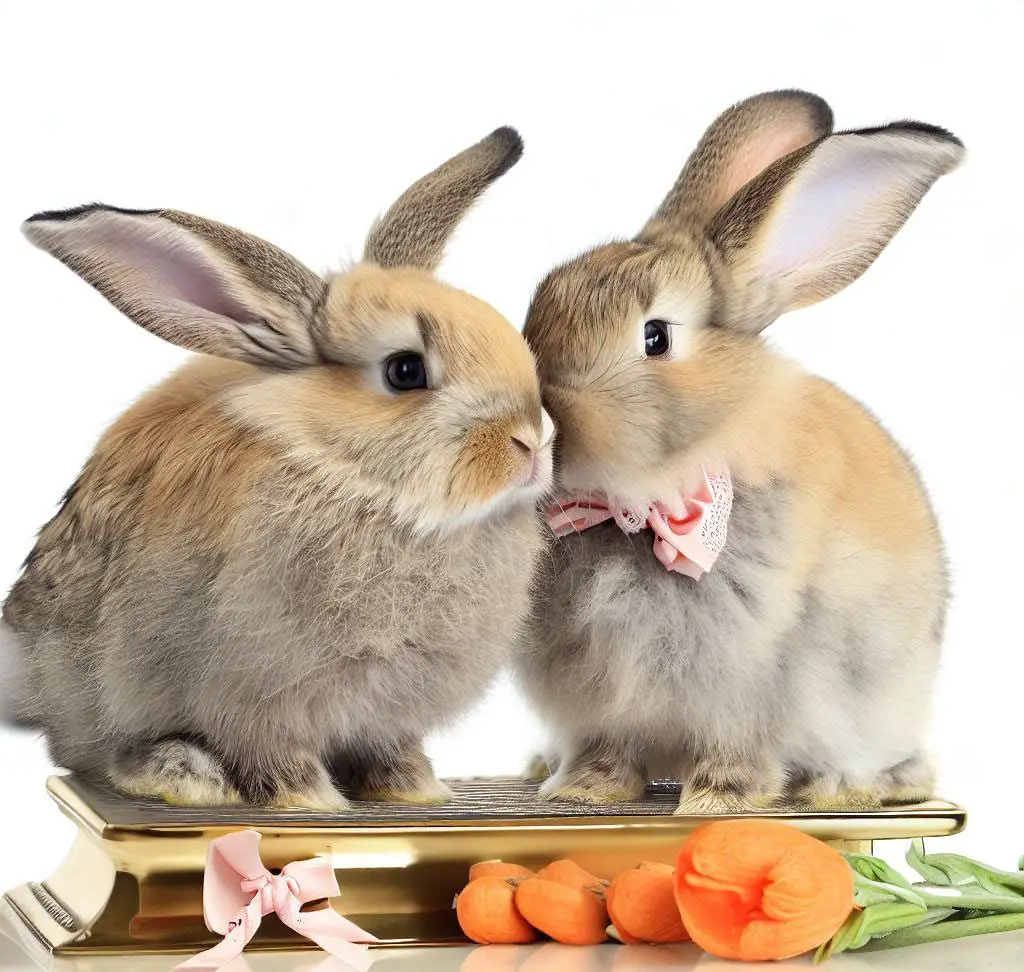A photo of a male and female rabbit, showing the different personalities of each sex. The male rabbit is more active and playful, while the female rabbit is more docile and affectionate