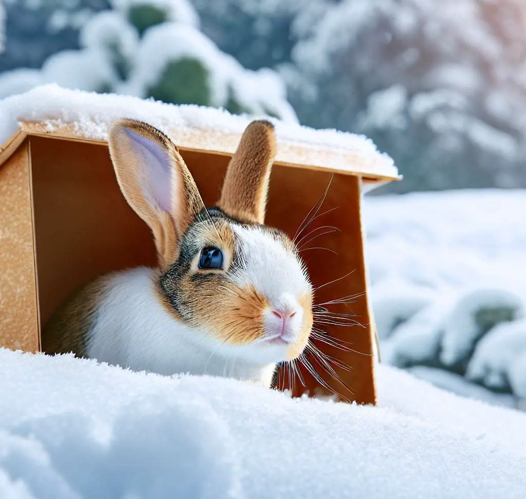 A rabbit sitting in a winter box, surrounded by snow. The box is made of wood and has a roof to keep the rabbit warm.