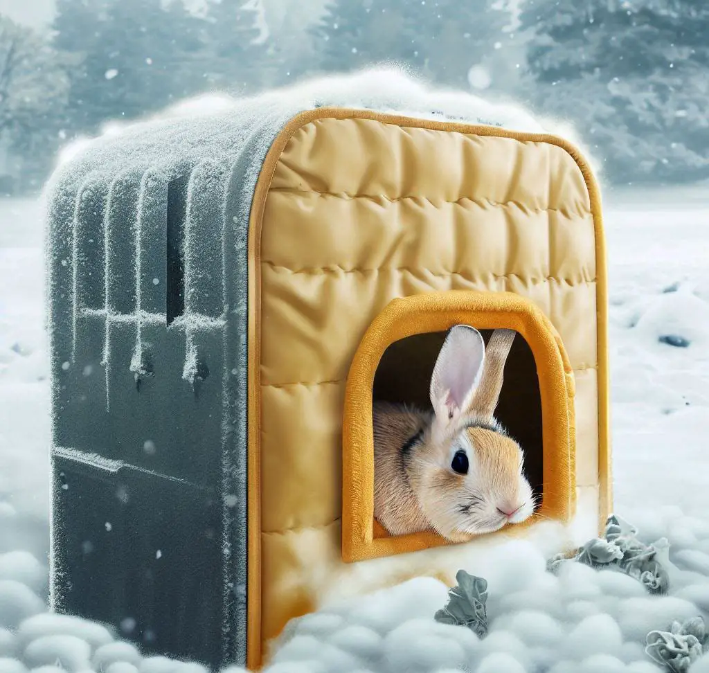 A winter scene with a rabbit in a box. The snow is falling heavily, and the rabbit is huddled in the box, keeping warm.