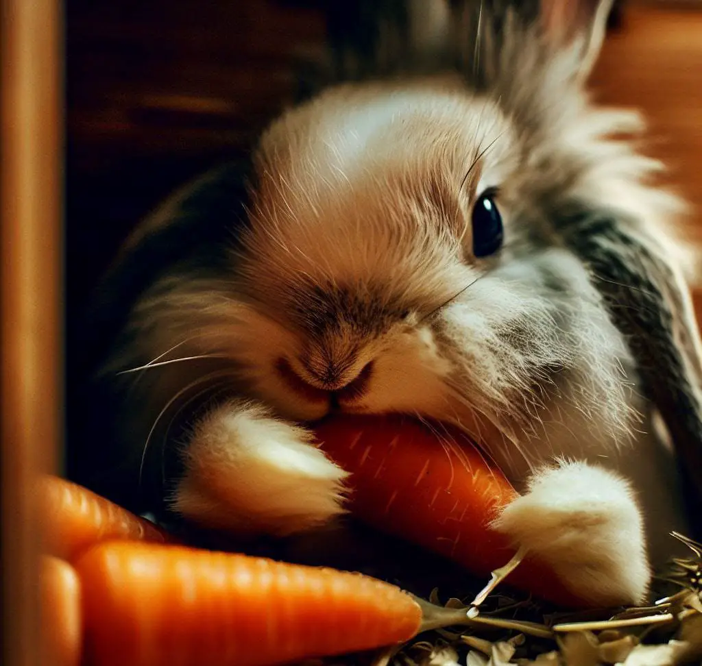 Pet rabbit in a comfortable hutch with nutritious carrots