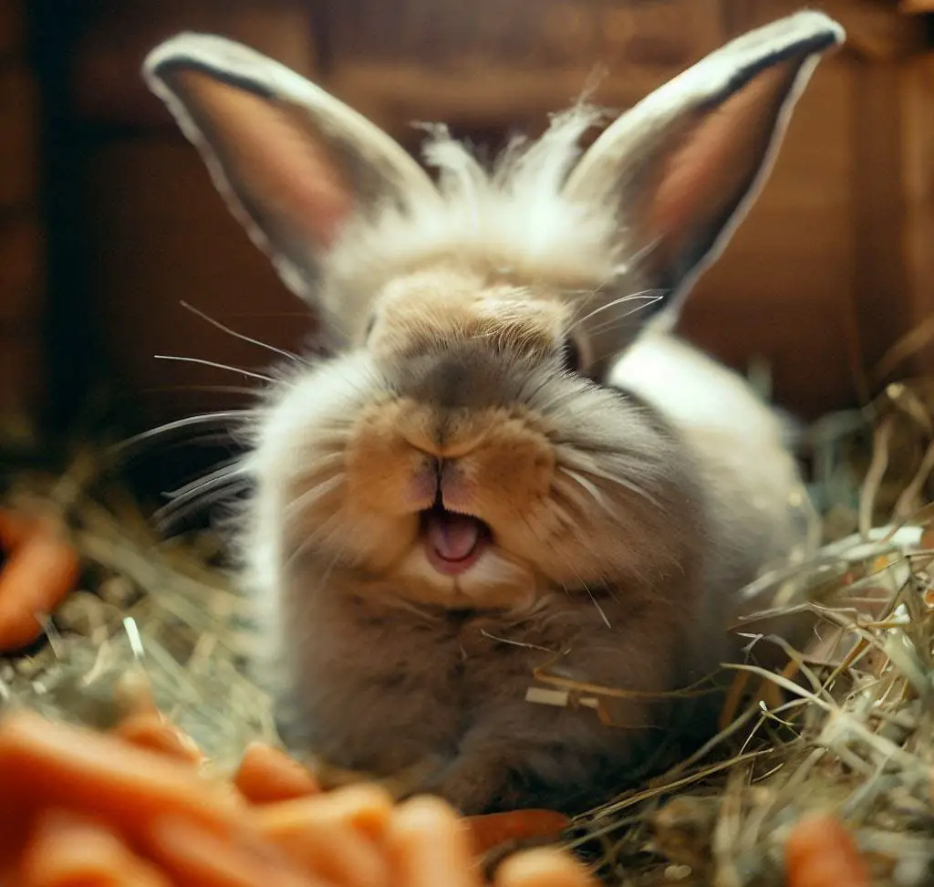 Adorable pet rabbit enjoying its hutch and carrots