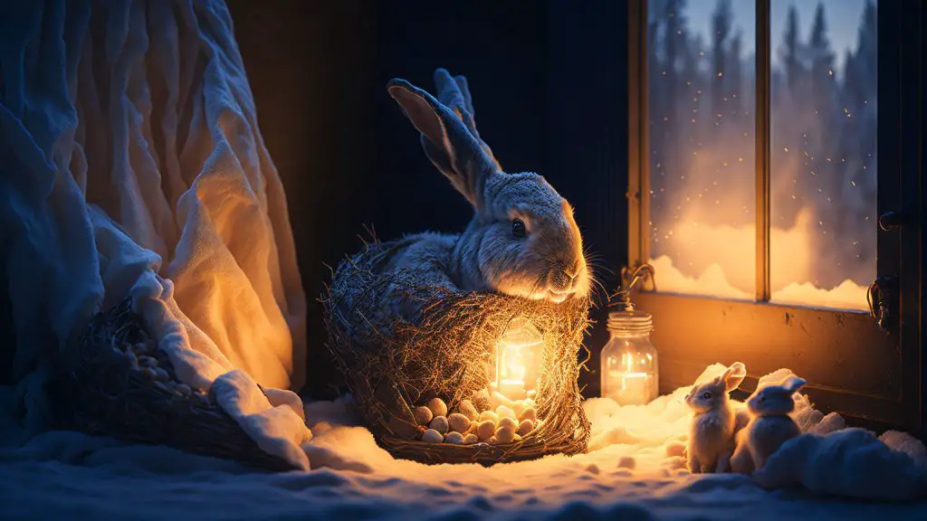 Adorable rabbit enjoying cozy warmth from heating lamp
