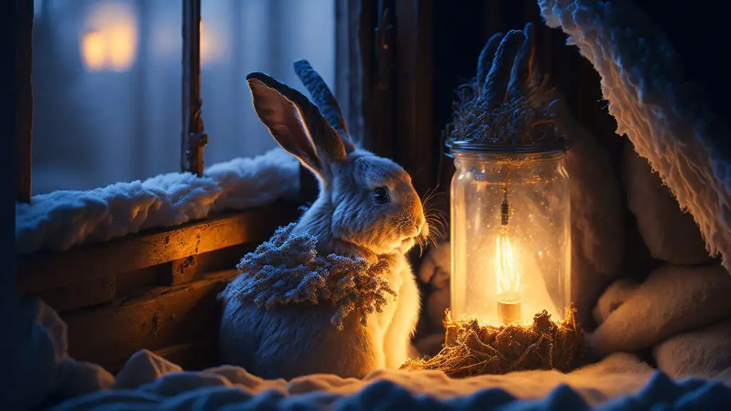 Companionable rabbit basking in the comforting glow of a heating lamp