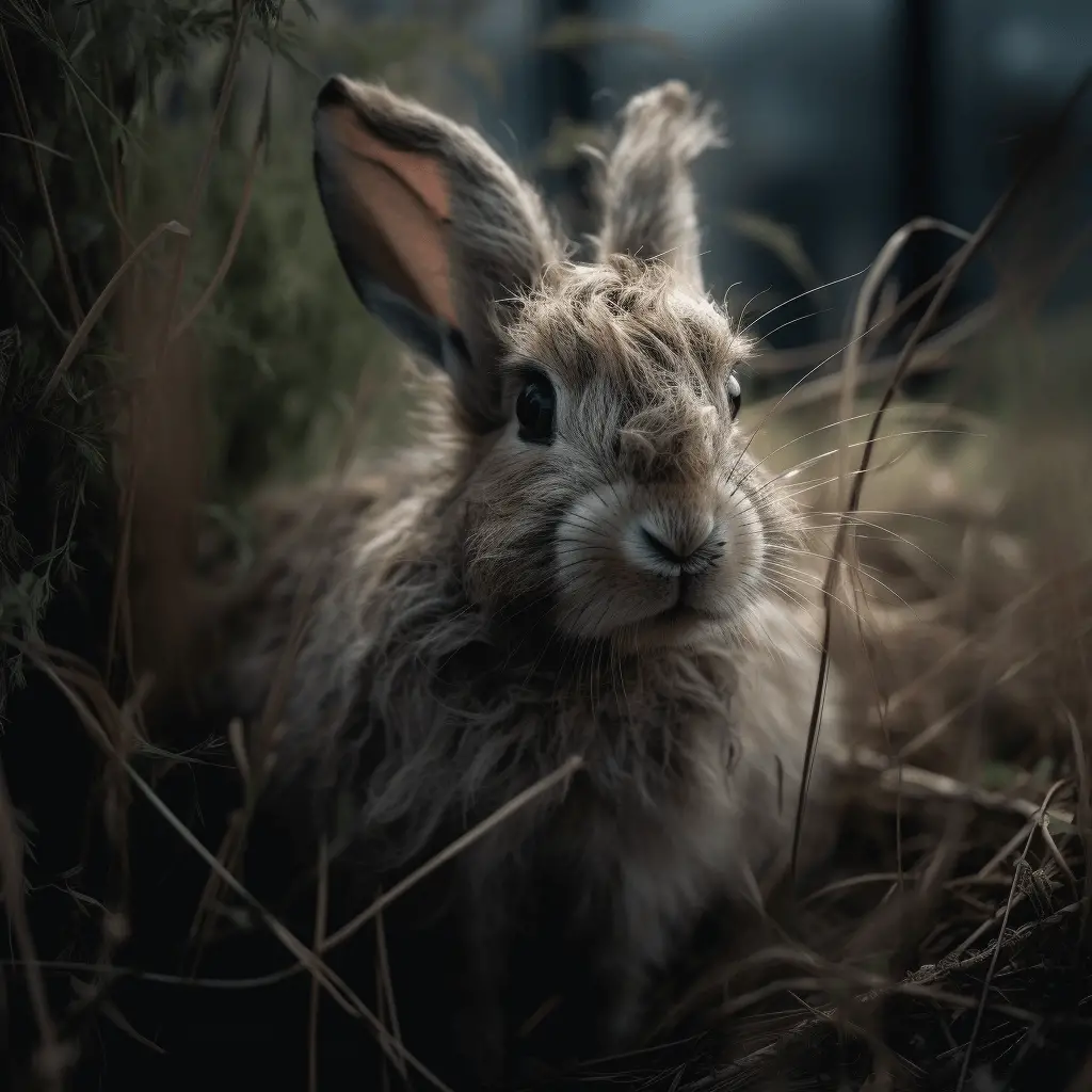Rabbit matted fur, standing in the grass