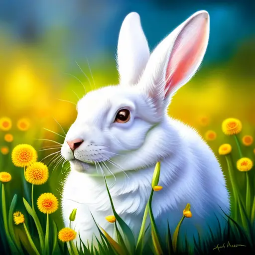 rabbit nibbling on bright yellow dandelion leaves in a lush, grassy meadow