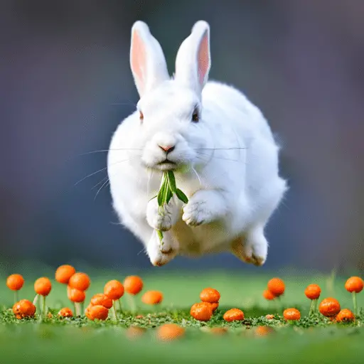 T jumping in midair, with a carrot in one paw and a flower in the other