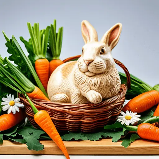 Ng bunny surrounded by colorful carrots, daisies, and a basket of hay