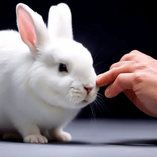 of hands gently rubbing a small white rabbit's fur in a slow, circular motion