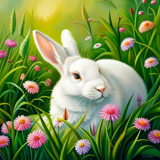 Y white rabbit snuggling into a bed of soft green grass, surrounded by a lush, blooming meadow