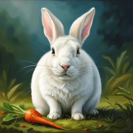 -up of a white rabbit sitting upright, nose twitching, with a carrot in its paw