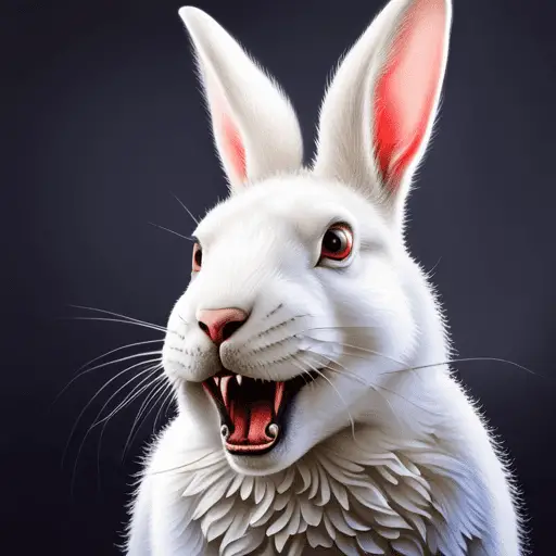 up of a white rabbit with its teeth bared, a droplet of blood dripping from its incisor