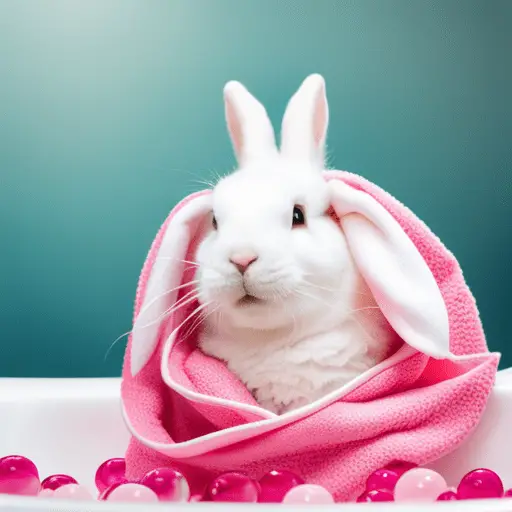 -up of a white rabbit in a bath tub filled with warm, soapy bubbles, wearing a shower cap and fluffy towel
