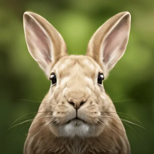 -up of a rabbit's face, looking up and out of frame, with one ear perked up and a curious expression
