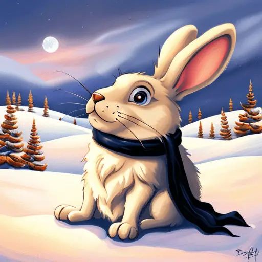 rabbit wearing a black scarf, wrapped snugly in a cream-colored fur coat, standing in the snow