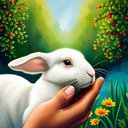 up of a person's hand holding a white rabbit with a lush, green garden in the background