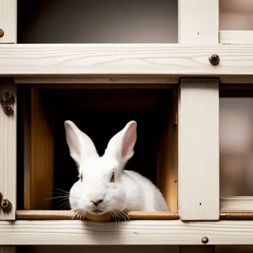 -up of a white rabbit peeking out of a well-stocked hutch, with a curious expression and one paw on the lever of the latch