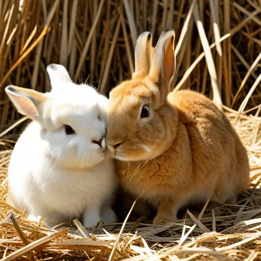 -up of two medium-sized rabbits snuggled together, one white, one brown, on a bed of straw