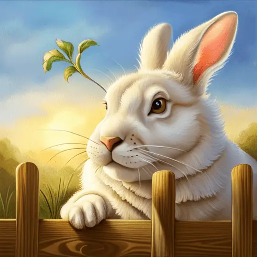 P of a white rabbit's paw reaching through a fence, with a carrot just out of reach