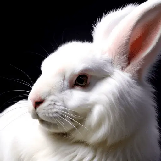 -up of a white rabbit with brown splotches on its back, sitting in a pile of mixed colored fur
